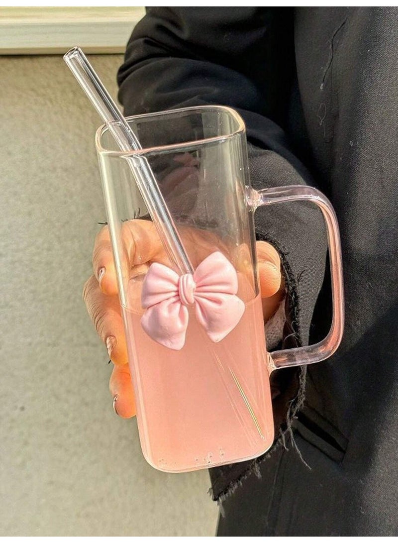 فاصولا كوب زجاجي مربع مبتكر، 1 قطعة سعة 380ml كأس للمشروبات مع مقبض وردي، كوب زجاجي من زجاج البورسليكات مع غطاء ومصاصة، كأس ماء مقاوم للحرارة مناسب لـ القهوة الباردة، الحليب، الشاي، العصير، هدية أنيقة لـ البنات و الطالبات (لون وردي) - Image 5